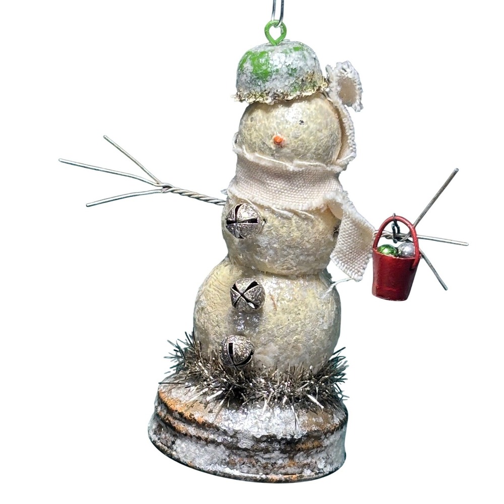 Snowman Ornament White Green Mica Dusted Jingle Bells‎ Rustic Holiday